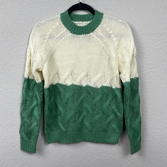 NWT Blank NYC Colorblock Crewneck Cable Knit Sweater Match Maker Green Cream XS - Picture 2 of 9